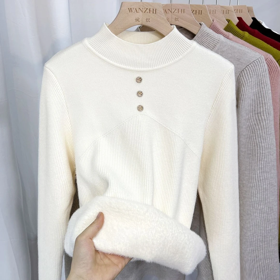 圆领加厚一体绒打底衫毛衣女秋冬新款宽松三粒扣百搭设计款针织衫