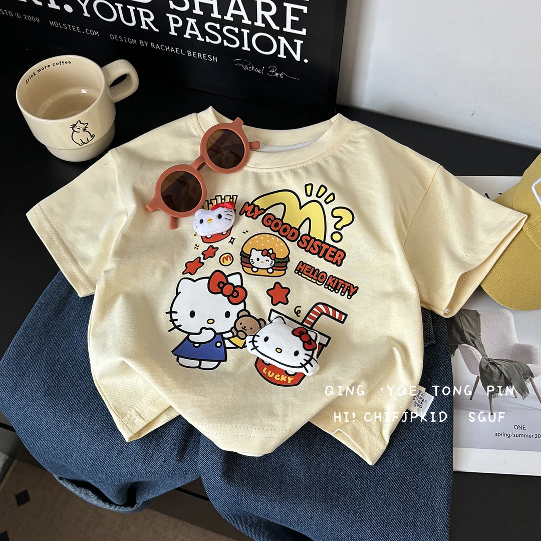 【两只猫咪】25新款夏季儿童纯棉短袖猫咪童趣印花立体玩偶T恤休闲