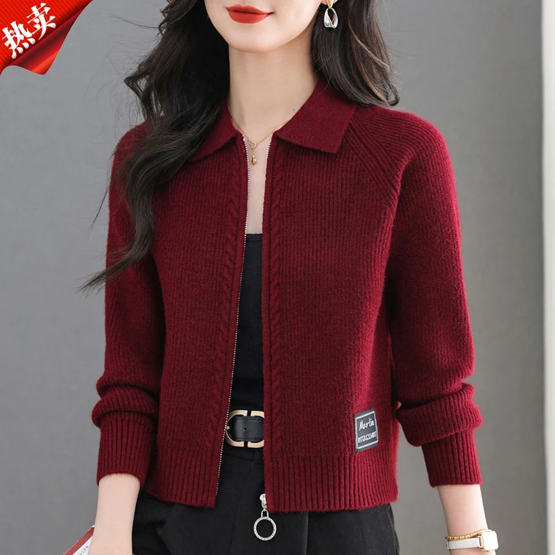 【原版正品】羊毛衫女翻领拉链针织开衫短款小个子时尚百搭毛衣外套