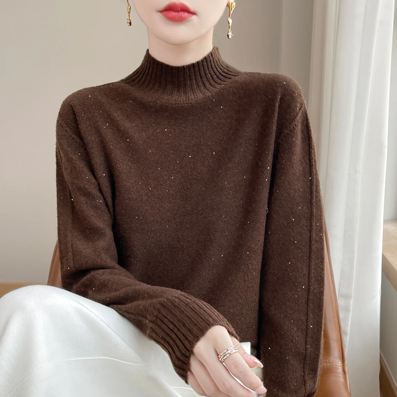正品哥第纯色半高领羊毛衫女套头带细闪2025新款厚款保暖洋气毛衣