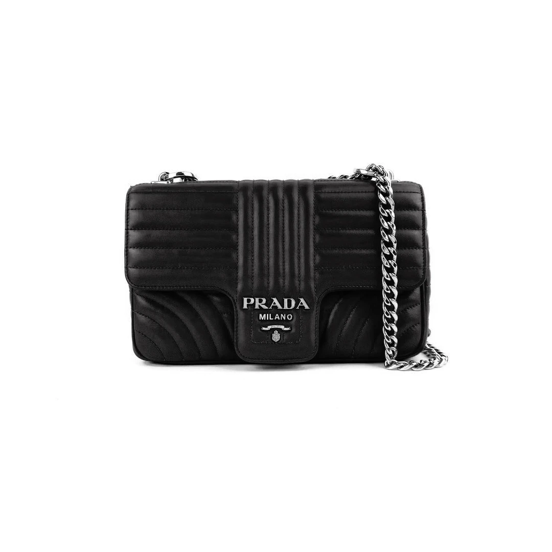 99新 Prada/普拉达 牛皮黑色银标T盖链条包单肩包