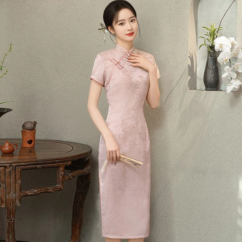 粉色旗袍女2025夏季新款单层修身中长款改良新中式素雅旗袍连衣裙