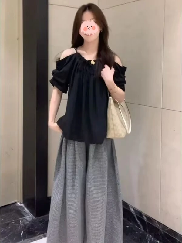 2025夏季新款女韩系设计感褶皱露肩短袖上衣气质高腰显瘦阔腿长裤