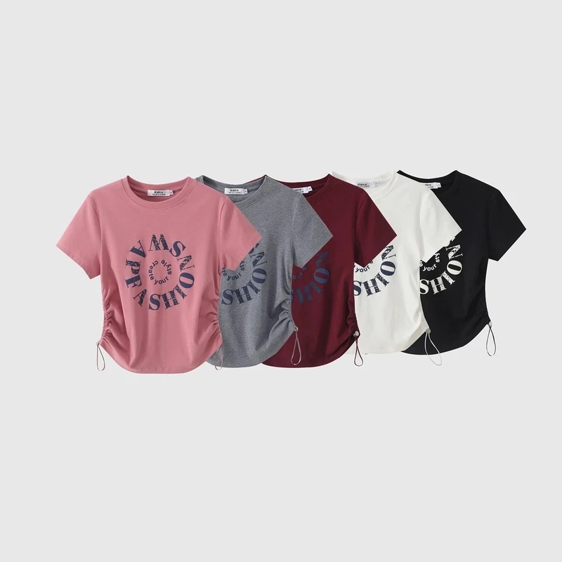 2025夏季新款时尚洋气百搭抽绳短袖印花上衣显瘦洋气T恤