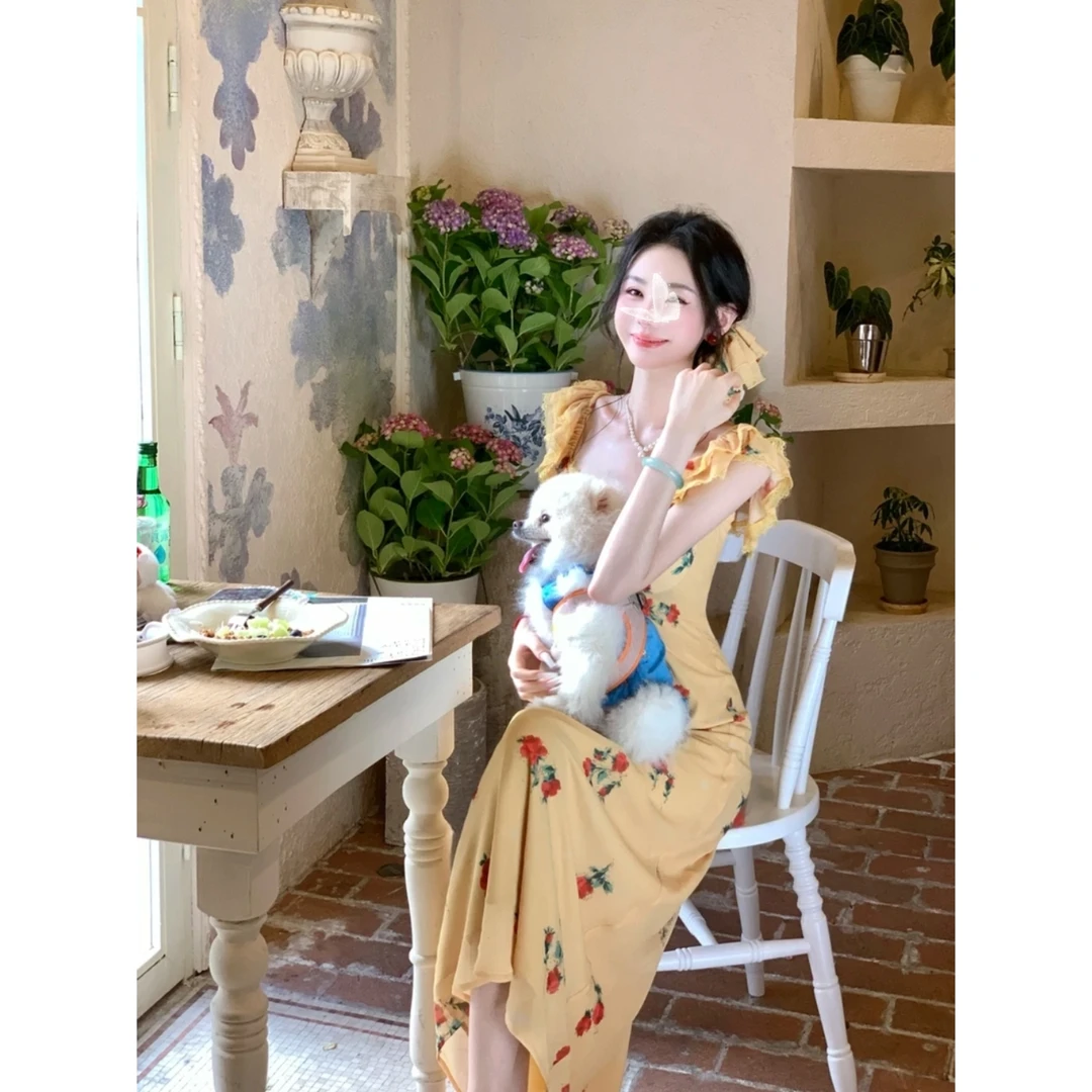 明媚美人~新款法式复古双层荷叶边碎花连衣裙长裙(自带胸垫)