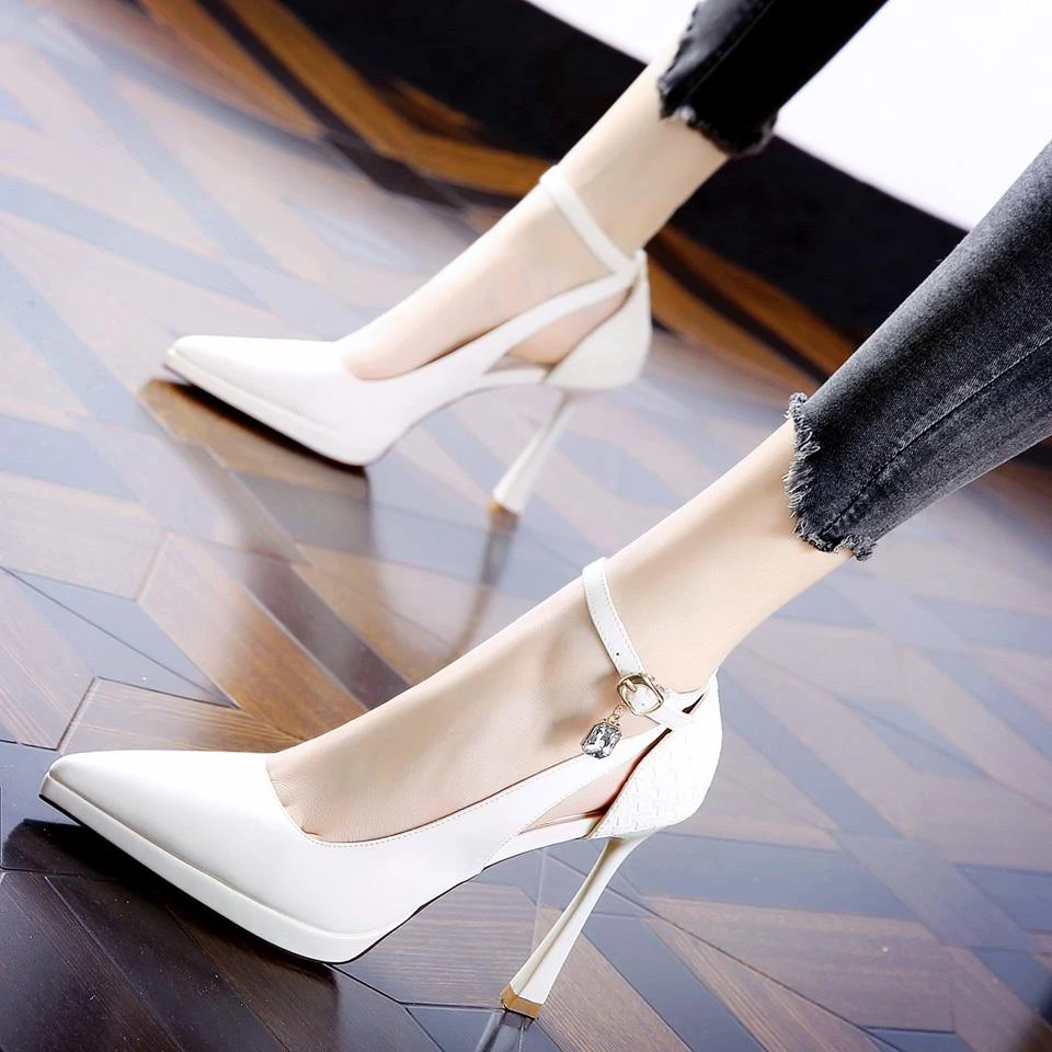 韩版防水台细跟单鞋女春季新款宴会礼服尖头一字搭扣带超高跟鞋女