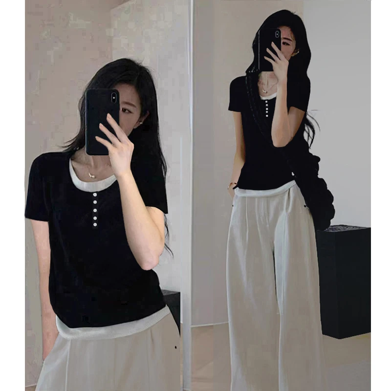 9082#黑色假两件圆领排扣收腰短袖T恤减龄欧若风上衣女2025夏季