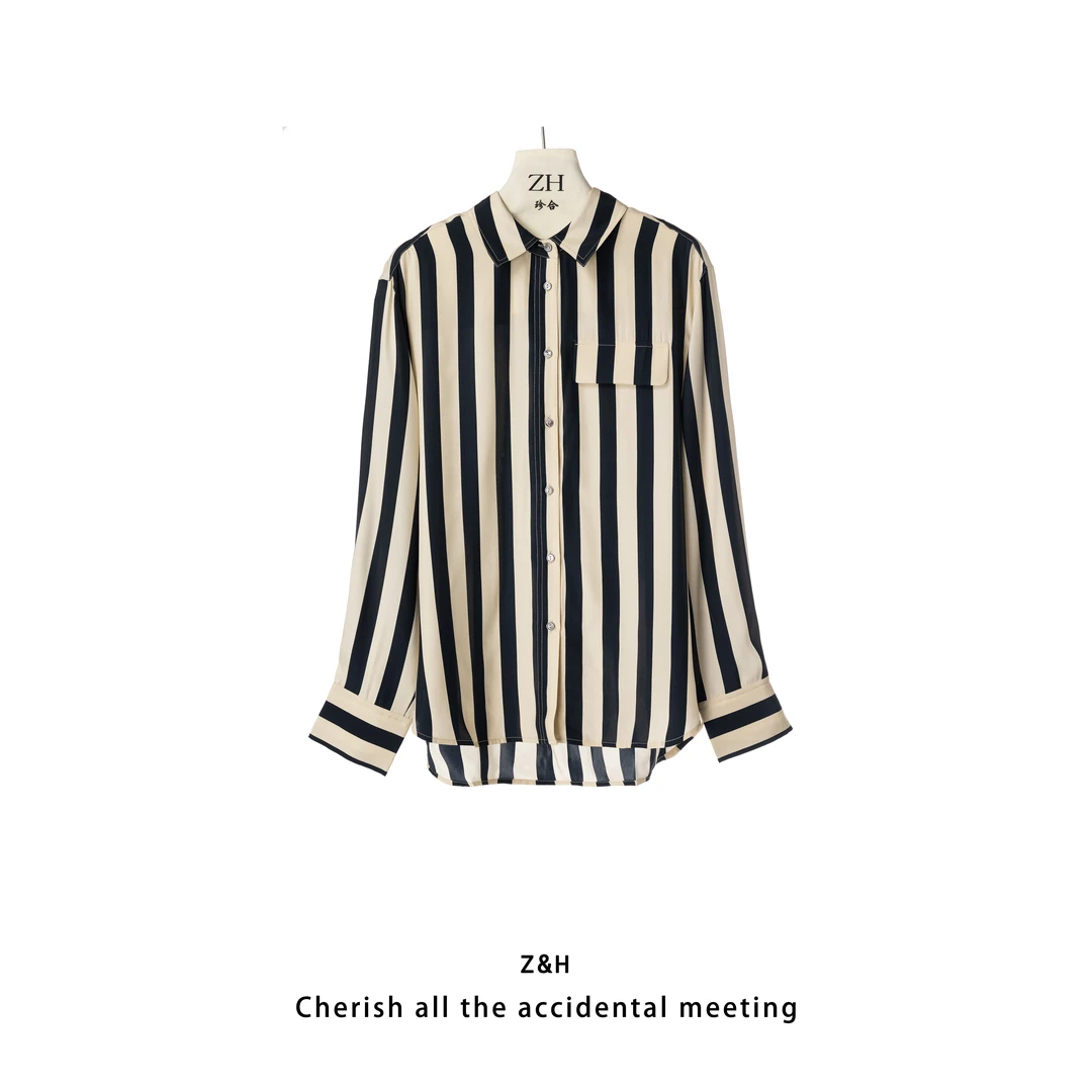 ZH【空谷鹿鸣】时尚休闲百搭气质女条纹衬衫上衣女