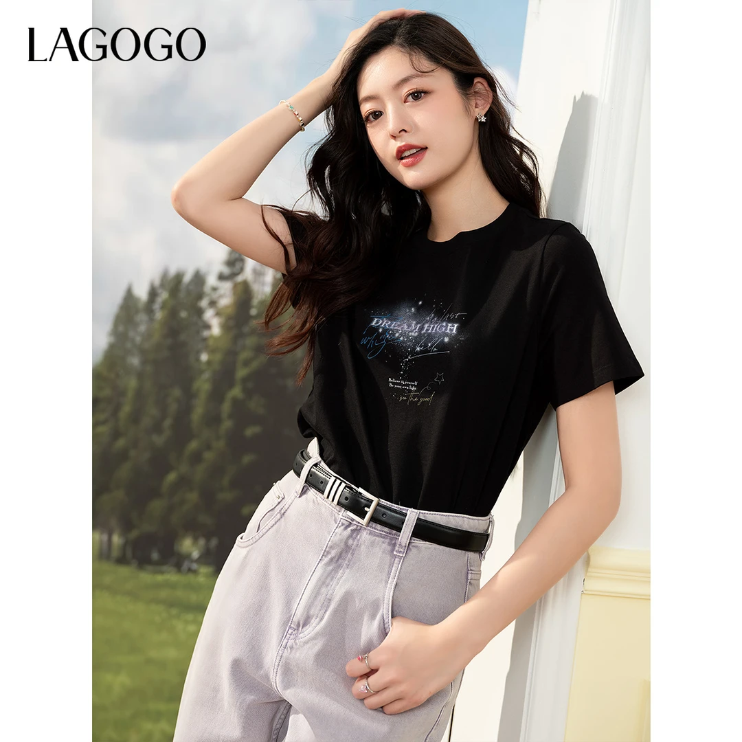 lagogo新款显瘦舒适全棉星空百搭T恤女OATT313GA4