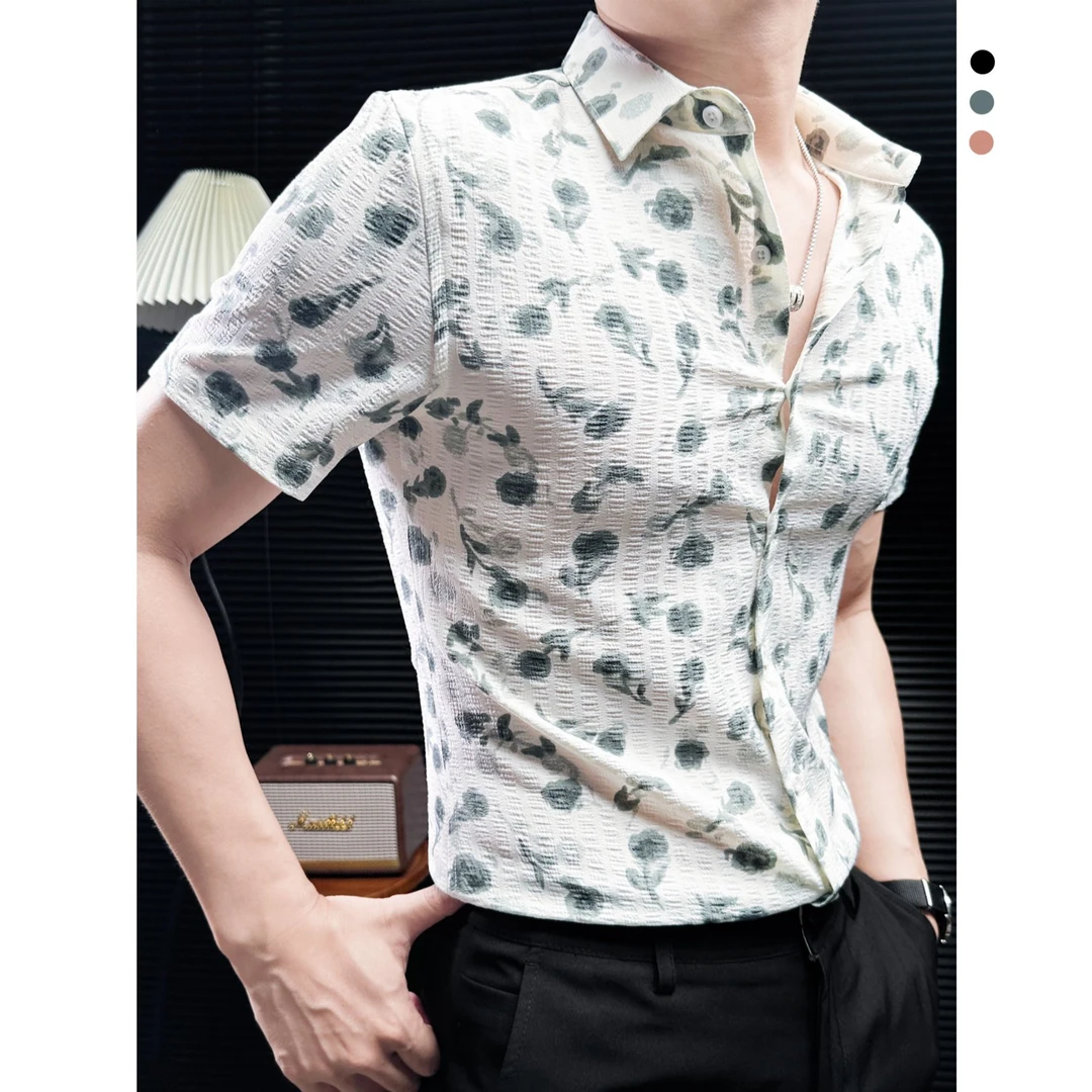 小清新泡泡纱衬衫男短袖夏季新款男装2025年帅气潮牌印花男士衬衣