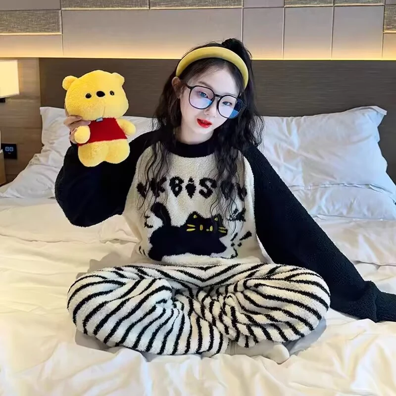 睡衣秋冬季加厚保暖猫咪女童甜美半边绒法兰绒套装珊瑚绒家居服