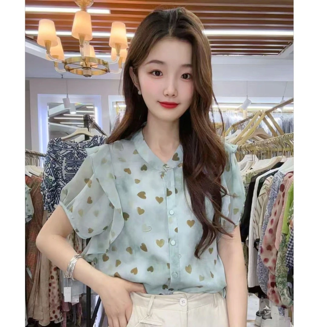 爱心印花短袖雪纺衬衫女2025夏季新款设计感宽松遮肚子小飞袖上衣