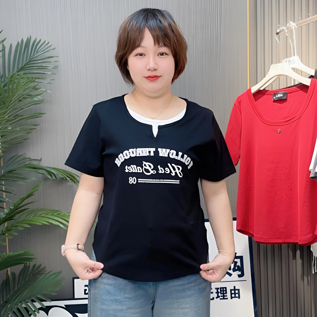 2515夏季吸汗字母休闲V领短袖大码女半袖