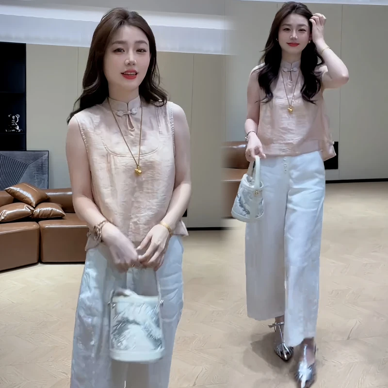 慵懒风宽松休闲衬衫女士2025年夏季新款国风纯色减龄无袖立领上衣