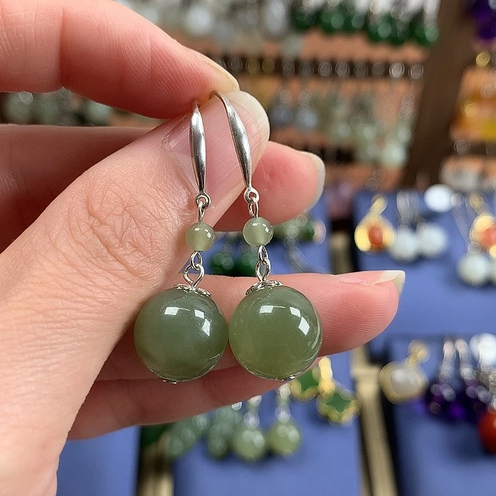 和田玉银S925镶嵌耳饰12左右晴水绿