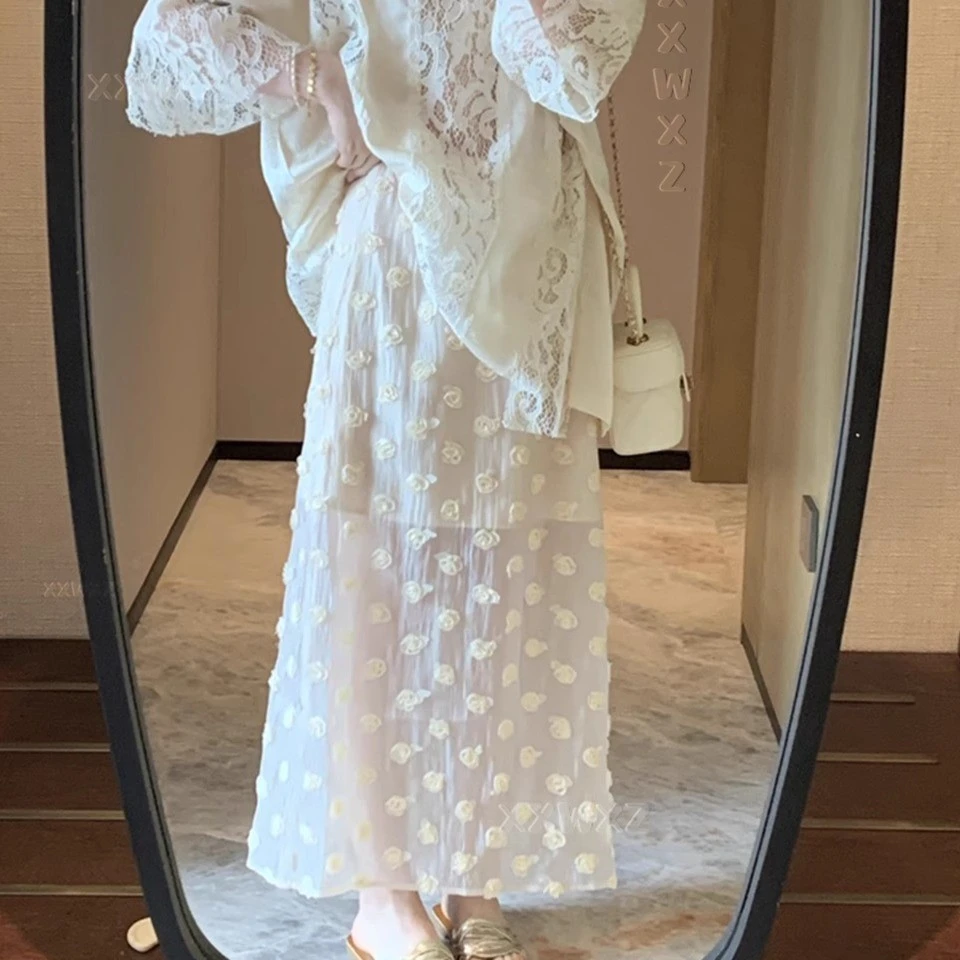 甜美休闲简约百搭纯色显瘦立体花纯色半身长裙#z1951