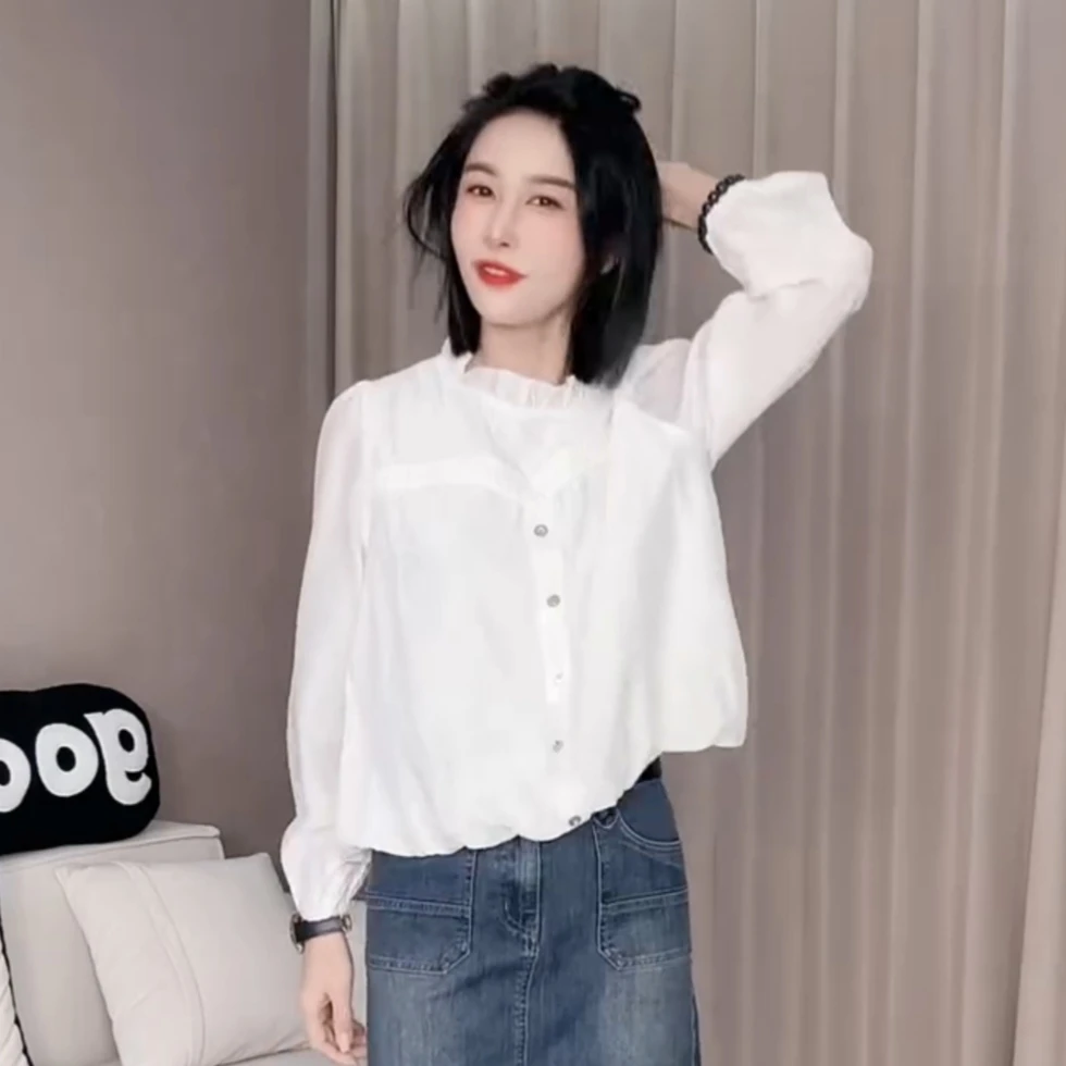 2025春秋新款气质清新减龄花边领纯色衬衫女百搭显瘦上衣打底衫潮