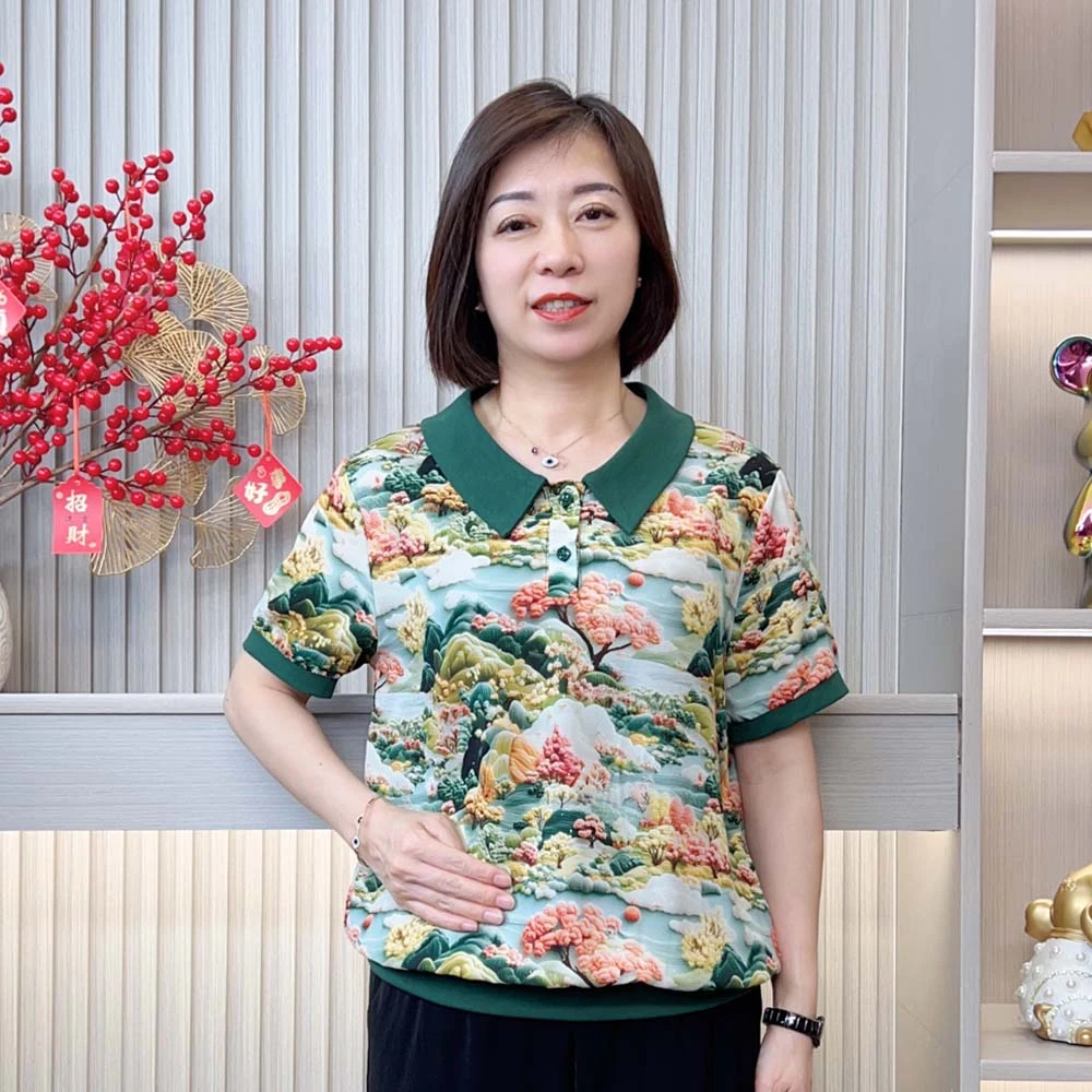 夏季新款中老年妈妈装时尚洋气百搭减龄宽松显瘦印花翻领短袖t恤