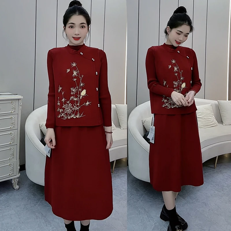 【新年战袍】时尚套装新中式国风马甲裙子两件套针织毛衣连衣裙012