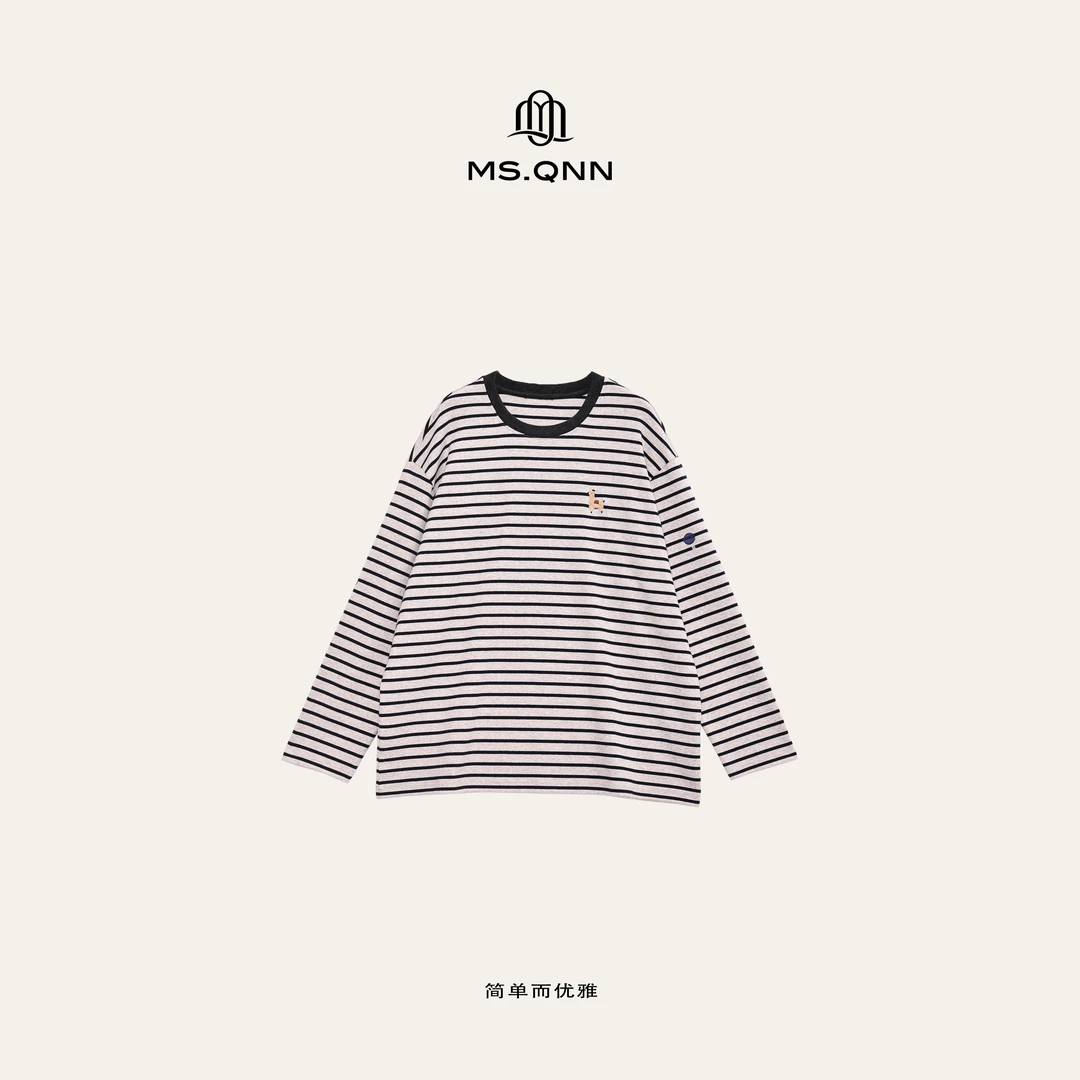 Ms.Qnn“软糯糯”早春新款 软糯糯条纹卡通刺绣圆领上衣 39T035 Q姐