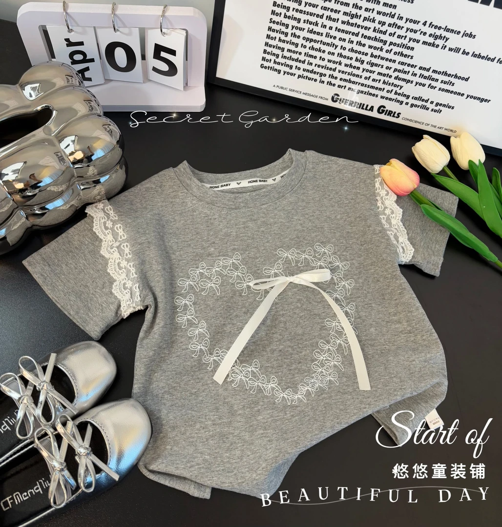 2025夏季新款女童韩版蕾丝设计爱心蝴蝶结短袖T恤