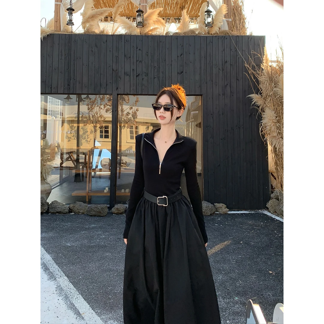 MO88ZSPF大码女装秋季赫本风黑色气质设计感拉链收腰显瘦连衣裙