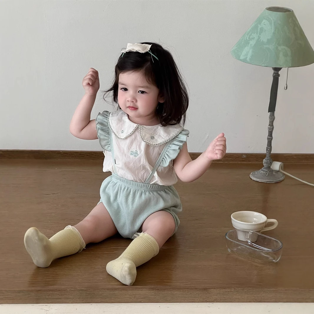 夏款 女童衣服薄款2025儿童韩版夏装宝宝花边娃娃衫包屁裤套装