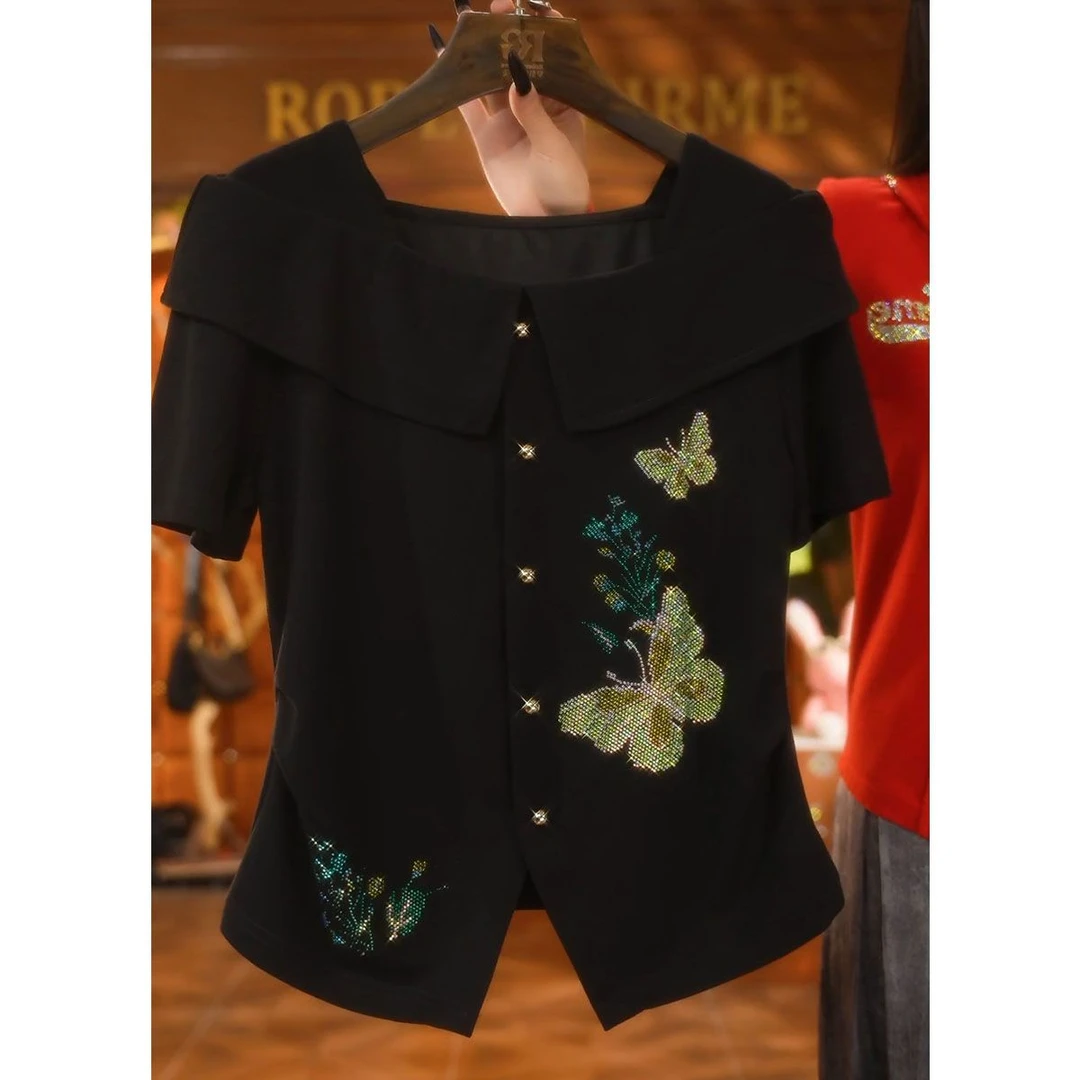 时尚设计感烫钻方领T恤女2025夏季新款洋气显瘦休闲百搭短袖上衣