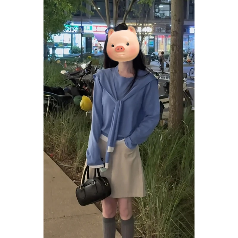 巨好看的韩系早秋氛围感穿搭一整套蓝色毛衣叠穿披肩上衣两件套装