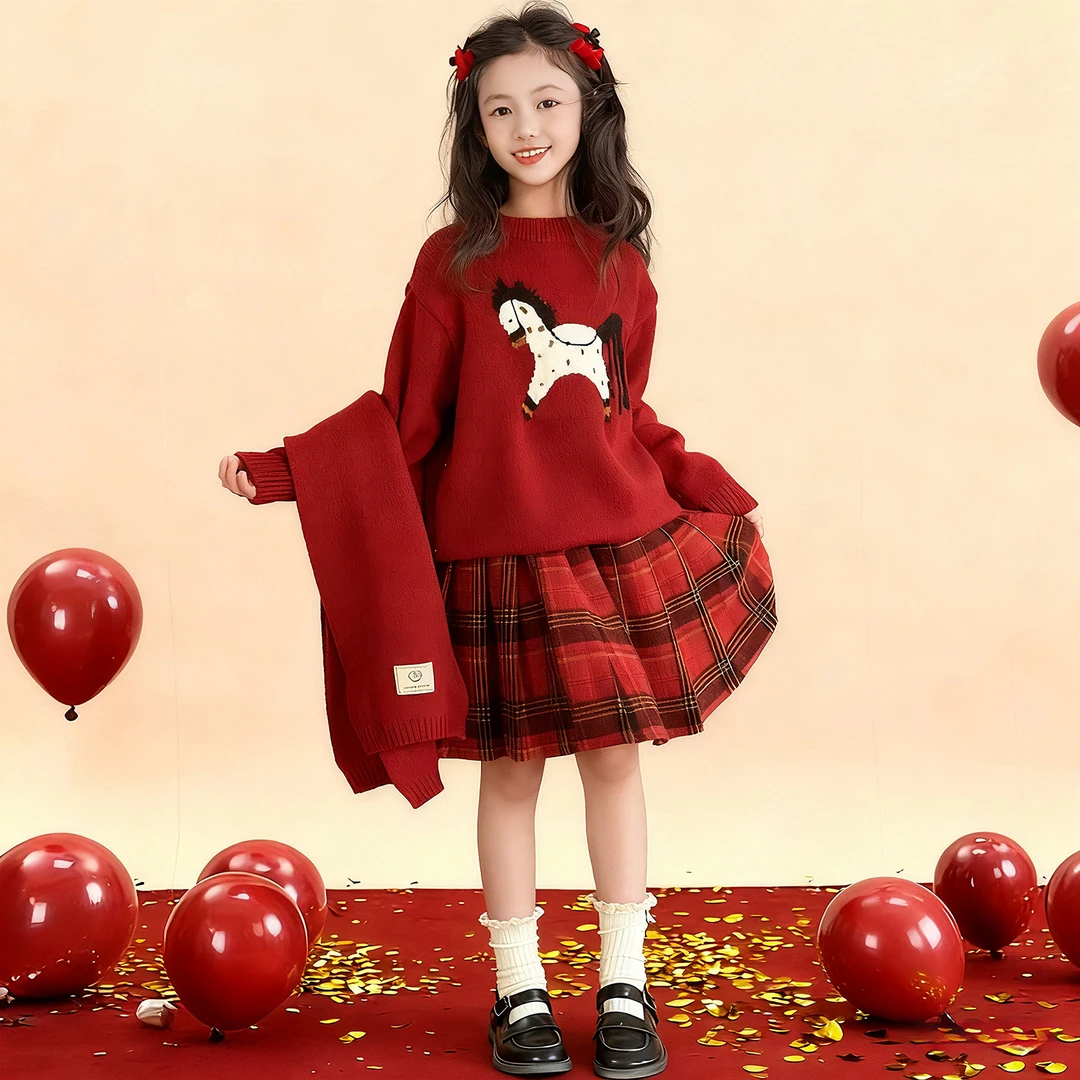 女童本命年冬裙套装2026新款洋气女孩大童冬装红色新年衣服两件套