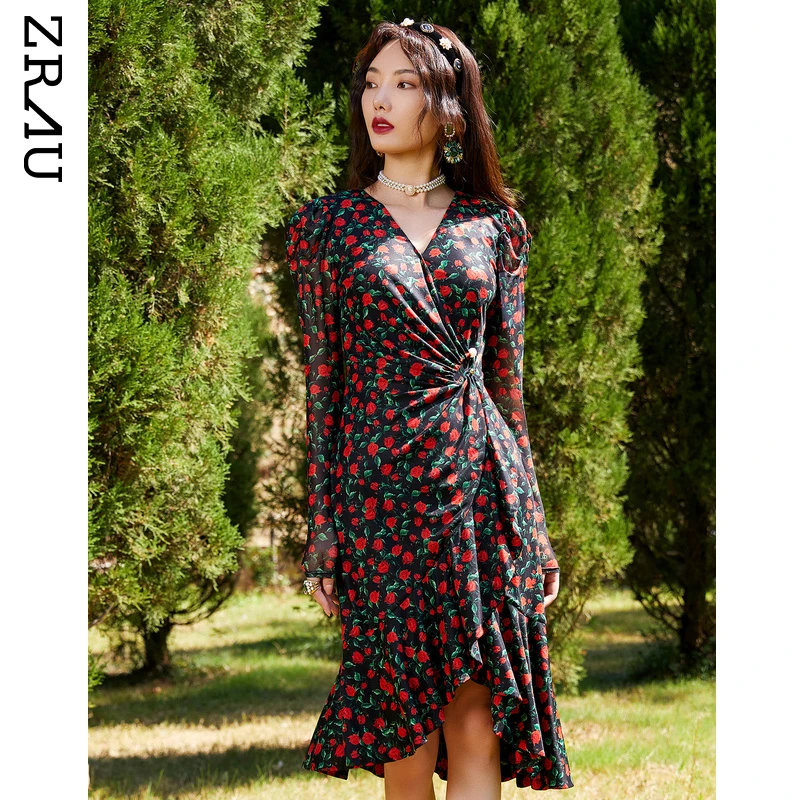 ZRAU春季复古吸睛浪漫奥斯汀红玫瑰茶歇式连衣裙91130611305