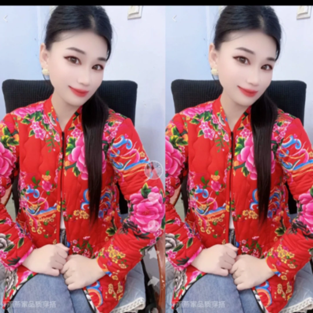 秋冬季简约保暖拉链花棉袄
