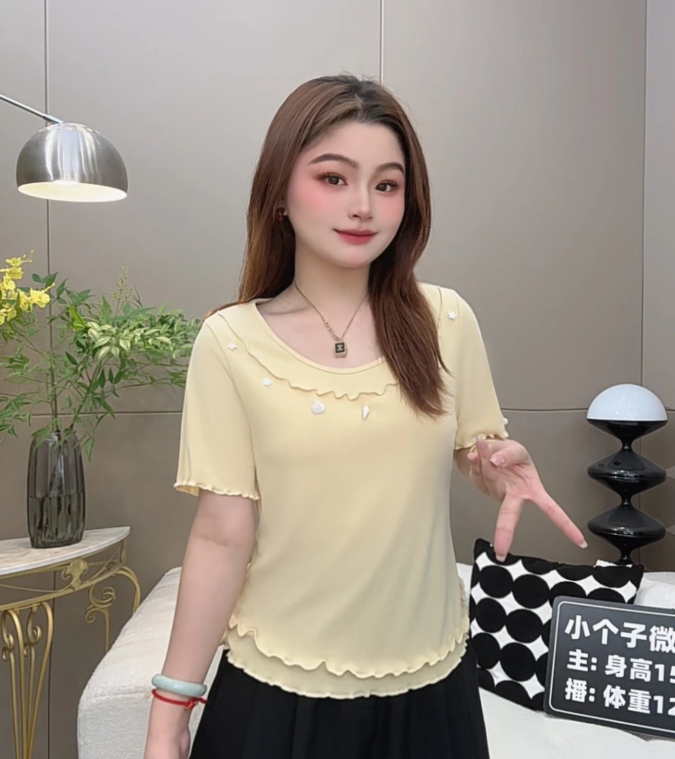 2025夏季新款胖妹妹短袖T恤女美式复古设计感小众卷边上衣