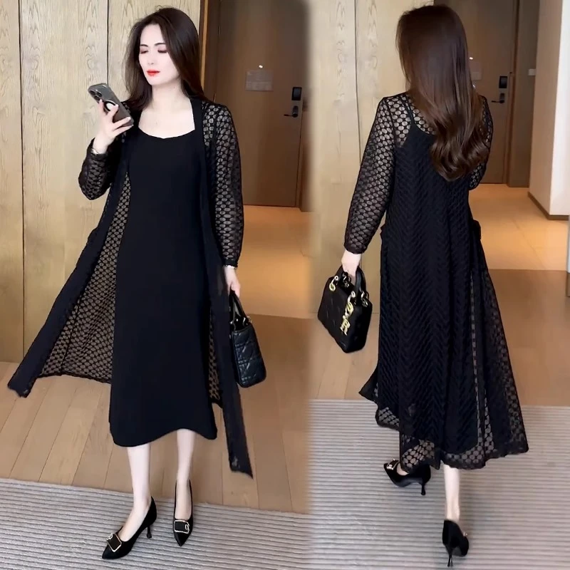 2025夏季新款时髦洋气中长款防晒外披吊带裙两件套裙时尚套装裙女