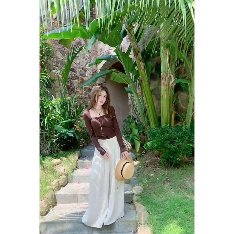 夏季2025新款休闲百搭气质设计感方领长袖上衣高腰直筒宽松阔腿裤