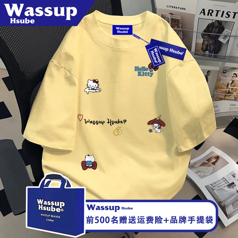 WASSUP HSUBE小众凯蒂猫印花T恤ins夏季纯棉短袖奶黄色男女款上衣