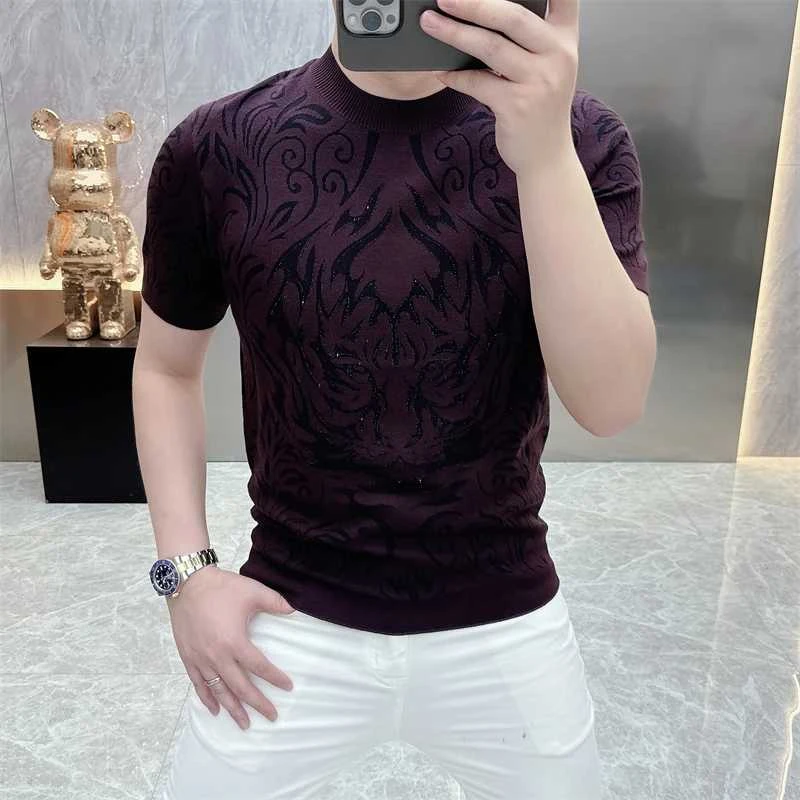 新款轻奢重工烫钻男士男装圆领T恤针织百搭时尚修身欧货高级短袖