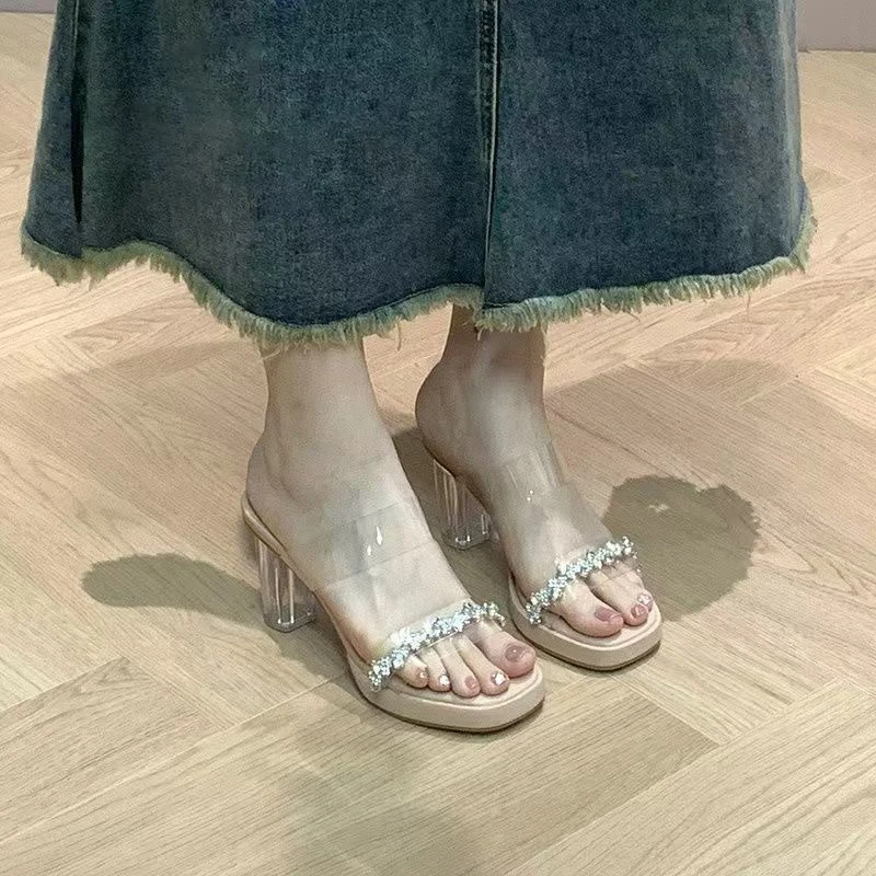 小香风粗跟高跟拖鞋女外穿2024年秋新款仙女风气质水钻透明凉拖鞋