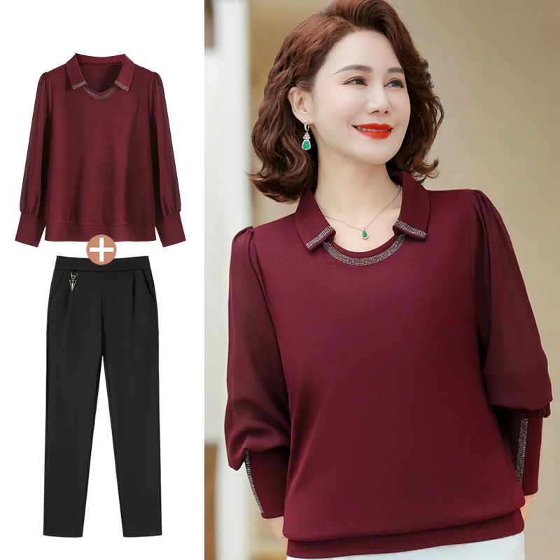 中年妈妈翻领春装打底衫洋气套装中老年女装纱袖T恤时尚针织上衣