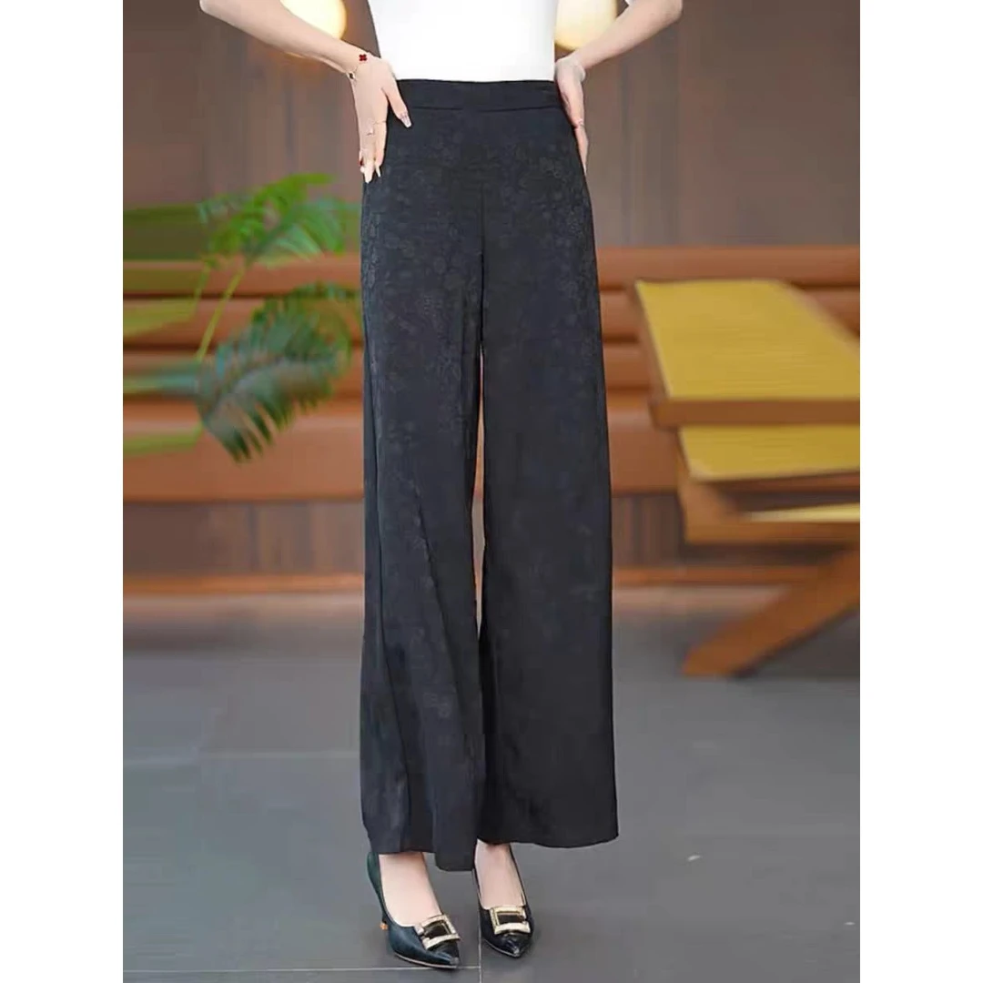 【HK110】黑色提花阔腿裤2025夏天女士高腰宽松薄款垂感休闲直筒裤
