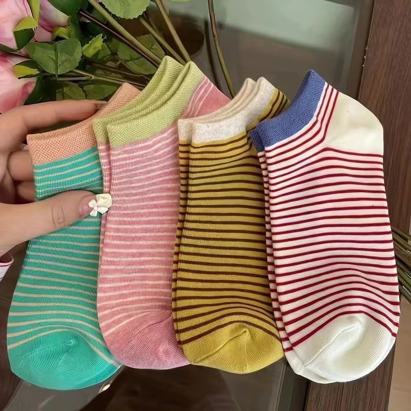 韩系春秋25运动条纹短袜三拼色日系透气短筒百搭女袜浅口