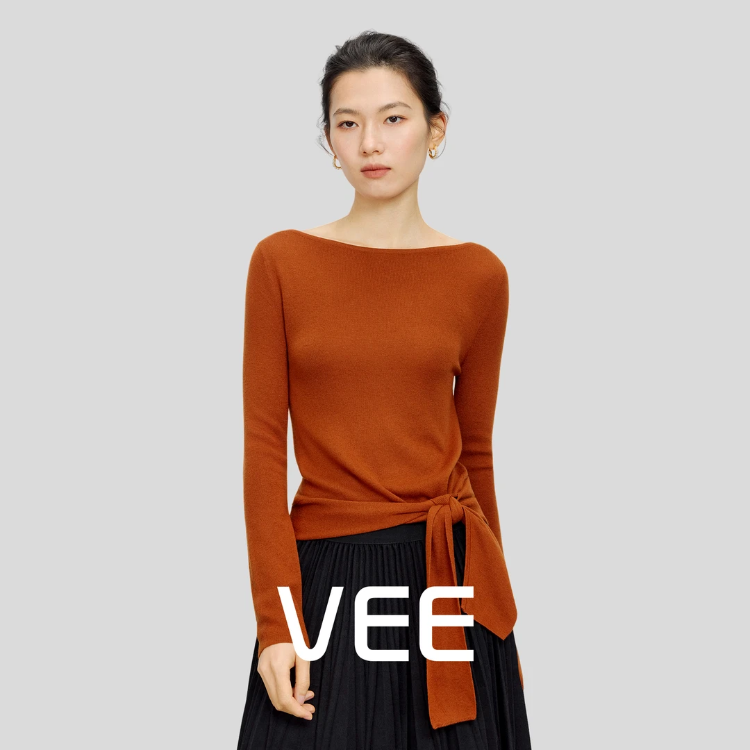 VEE【天鹅湖】一字领船领长袖针织衫不规则下摆系带上衣