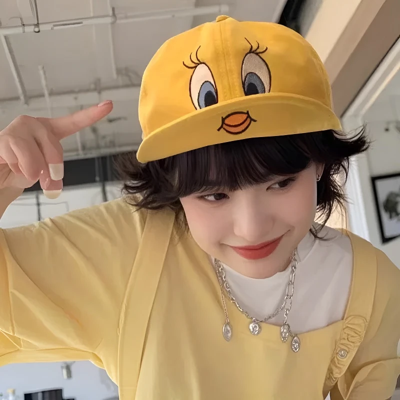 韩国ins翻檐鸭舌帽子可爱小黄鸭刺绣棒球帽女显脸小大头围潮LQ