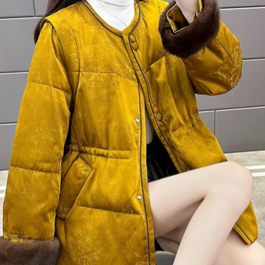 冬季鹅绒水貂皮草中长款女纯色保暖休闲立领冬季显瘦8106