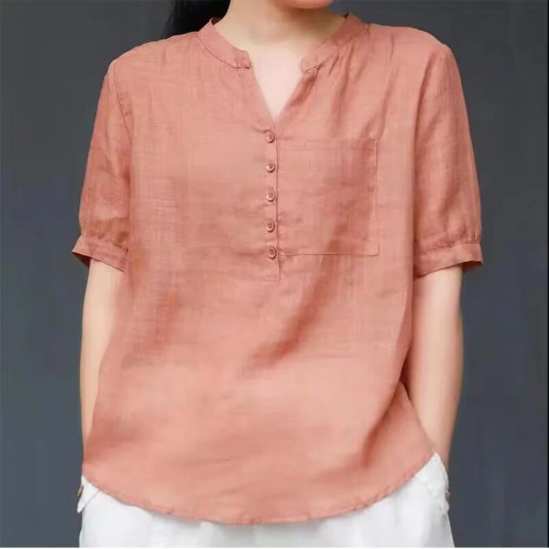 棉麻衬衫女夏宽松大码文艺气质短袖V领纯色休闲显瘦上衣