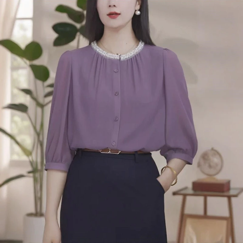 设计感重工钉珠五分袖衬衫2025夏季新款时尚气质洋气减龄圆领上衣