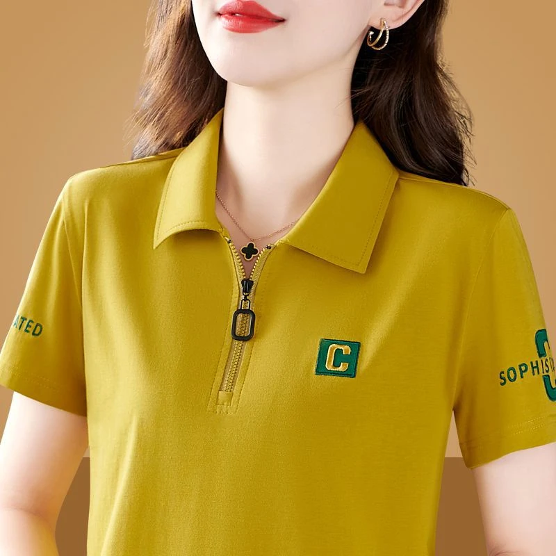 810姜黄色翻领短袖女士t恤夏季修身显瘦妈妈polo衫运动休闲上衣