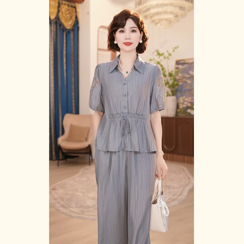 2025新款妈妈装夏季时尚气质中年女装宽松新中式小衫套装