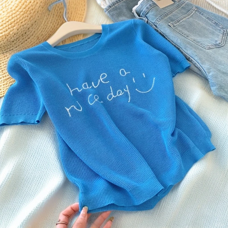 独特超好看克莱因蓝冰丝针织衫T恤女2025夏季小个子穿搭薄款上衣