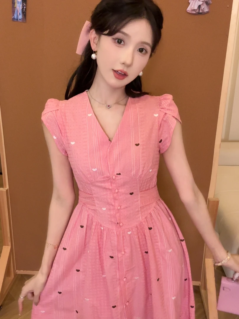 提花爱心刺绣V领无袖长裙夏季甜美减龄粉色连衣裙女